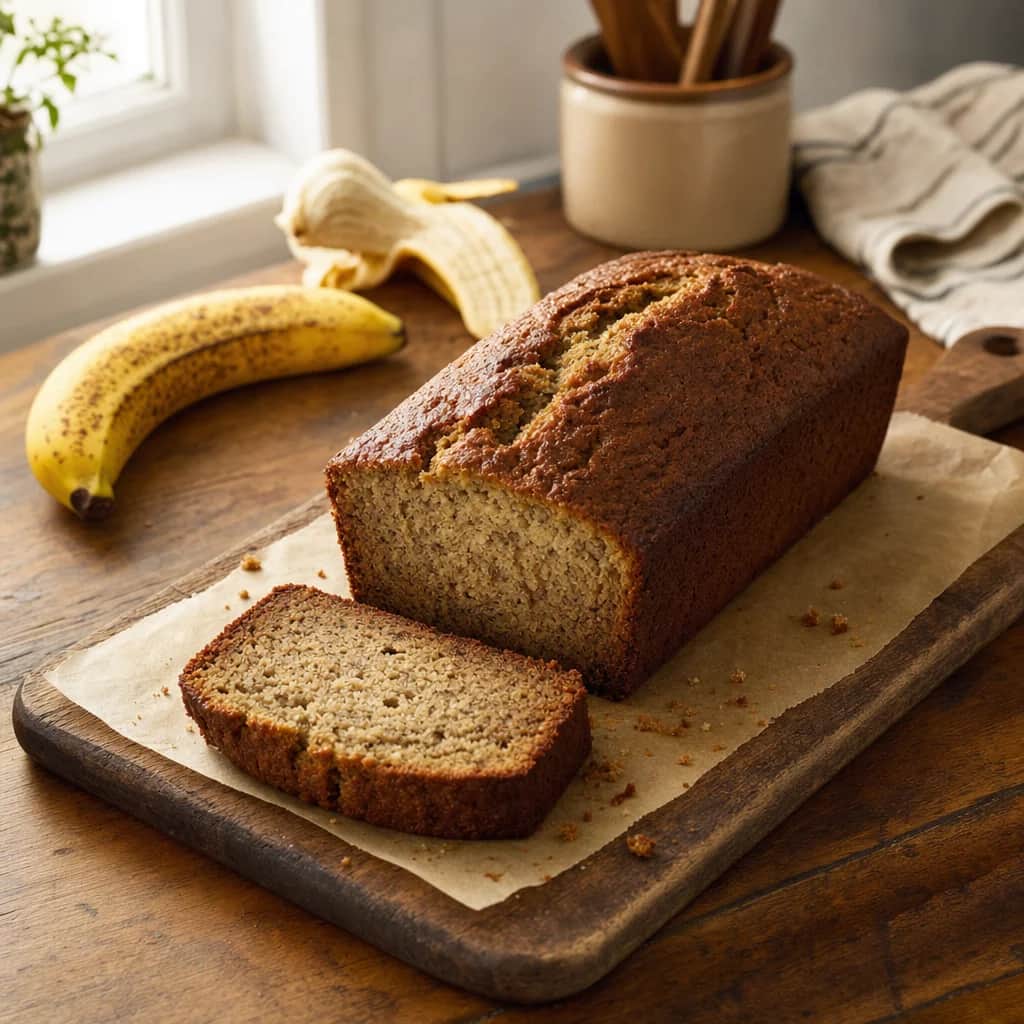 Banana Bread Recipe - A moist, tender banana bread made with brown sugar and three very ripe bananas. This easy loaf stays fresh for days and is ideal for using up overripe bananas.
