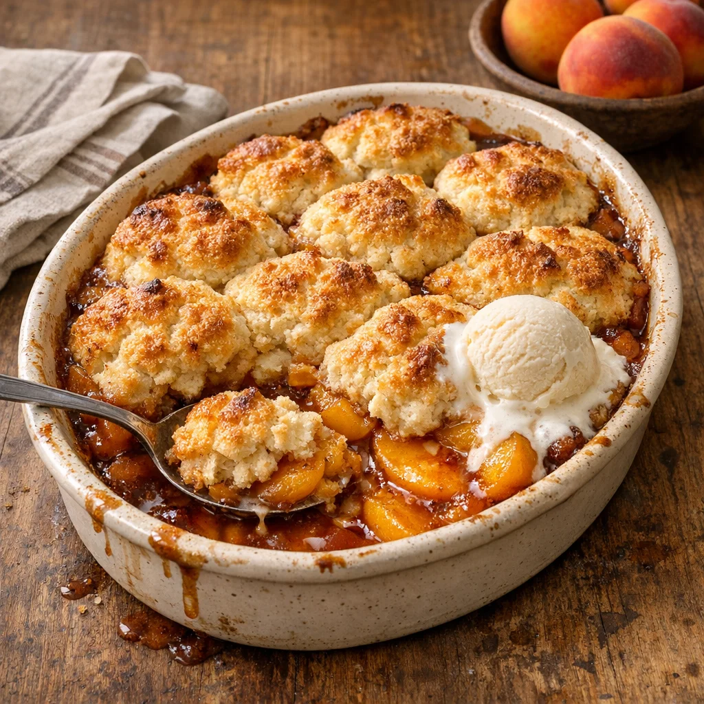 Classic Peach Cobbler - This classic peach cobbler features juicy, cinnamon-spiced peaches topped with a tender, buttery biscuit-style batter. Perfect for summer gatherings or a cozy dessert any time of year.